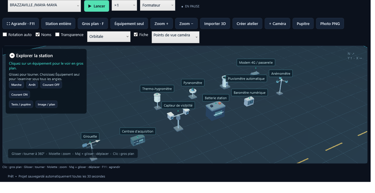 Station météo virtuelle Maya-Maya dans TENGENN, avec ses capteurs, sa batterie et sa centrale d’acquisition.